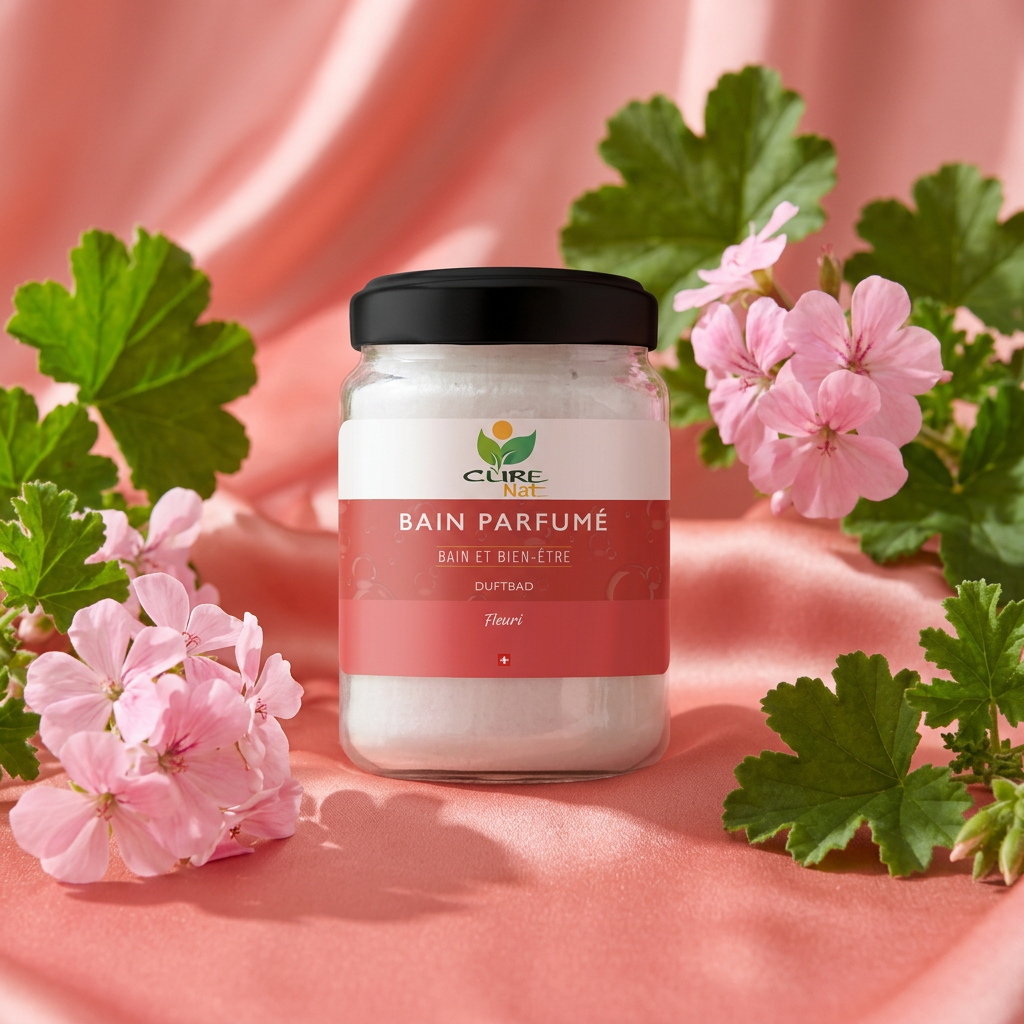 Pot de Bain Parfumé Fleuri CureNat entouré de fleurs de géranium rosat