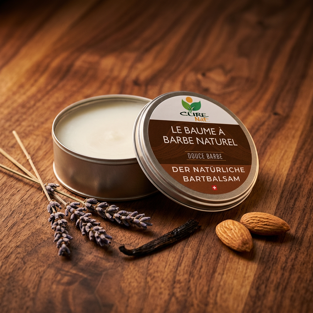 Boîte de baume à barbe naturel CureNat sur bois de noyer avec lavande, vanille et amandes