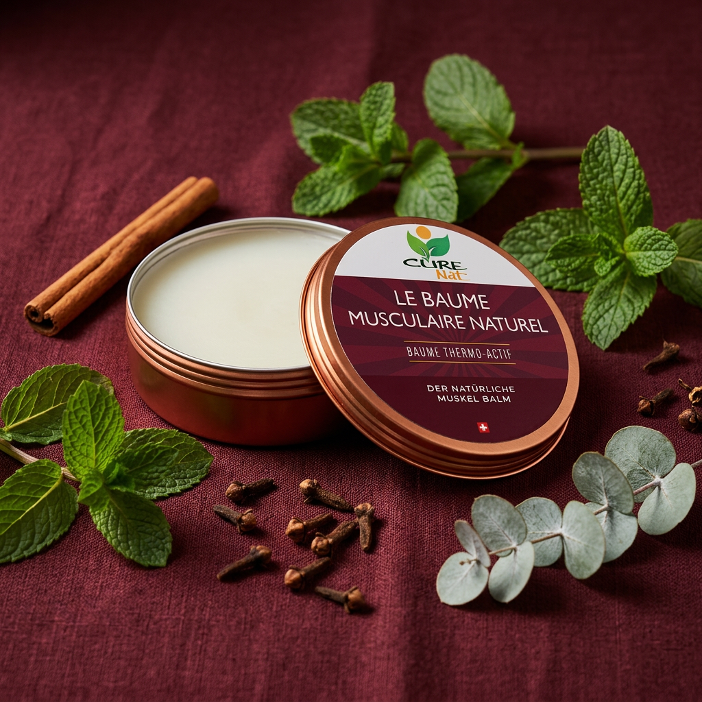 Boîte de baume musculaire thermo-actif CureNat sur ardoise avec eucalyptus, menthe, camphre et cannelle