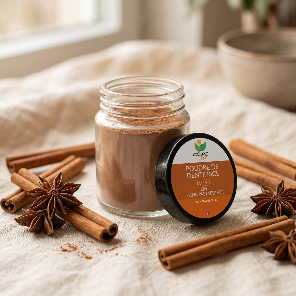 Pot de poudre de dentifrice à la cannelle CureNat entouré de bâtons de cannelle et d'anis étoilé