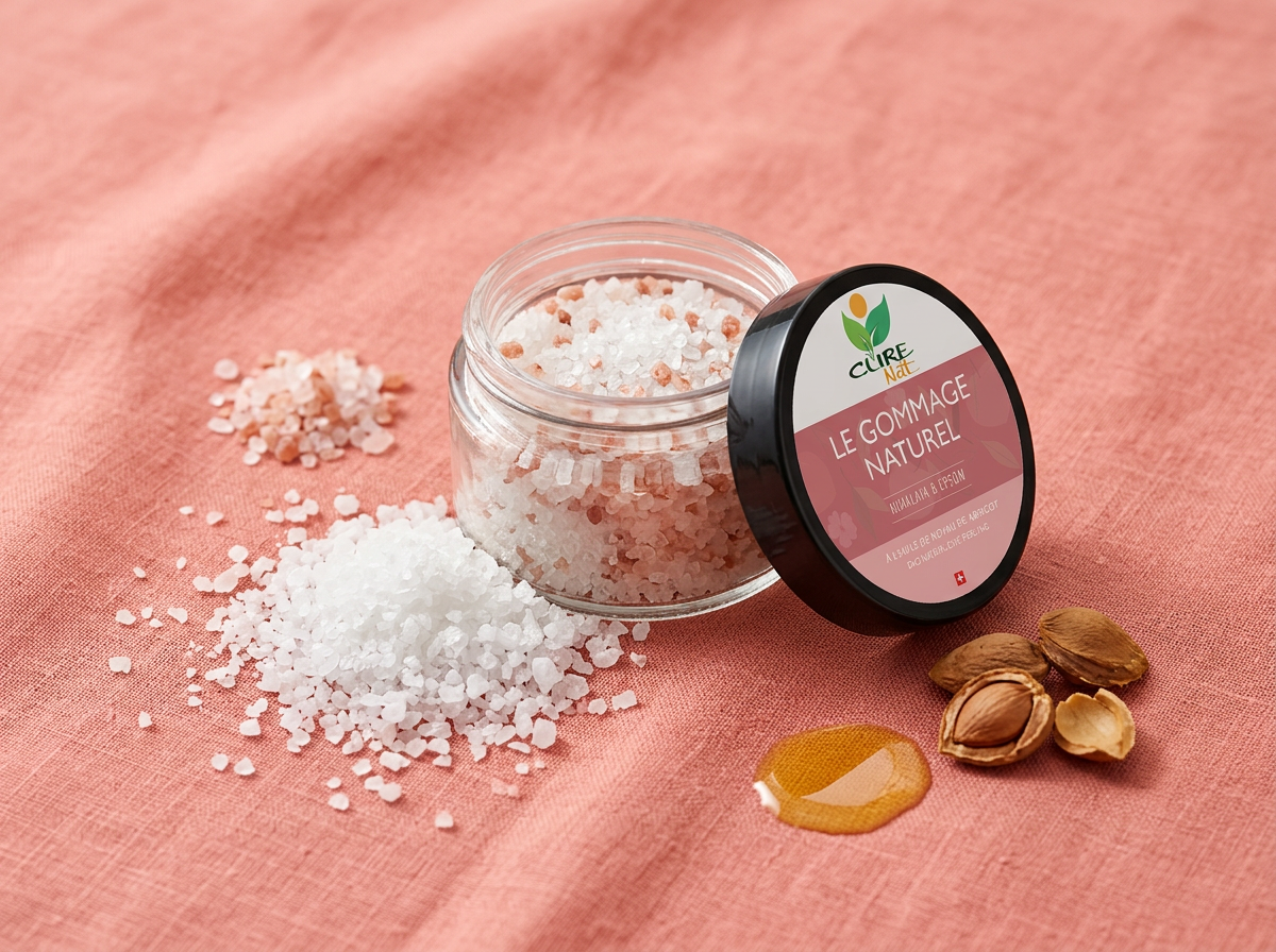 Pot CureNat Gommage Naturel Himalaya & Epsom sur lin corail avec abricots et sel rose