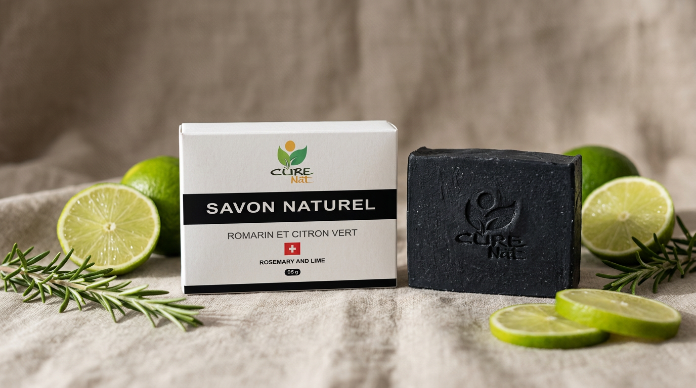 Savon détox CureNat au charbon actif romarin et citron vert avec sa boîte carton, barre noire mate, limes fraîches et brins de romarin sur lin naturel