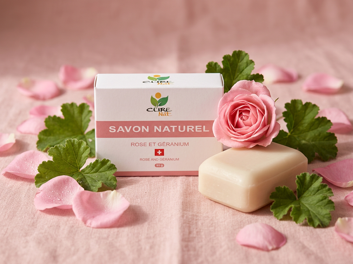 Savon Rose & Géranium CureNat avec sa boîte carton, pétales de rose et feuilles de géranium sur lin rose