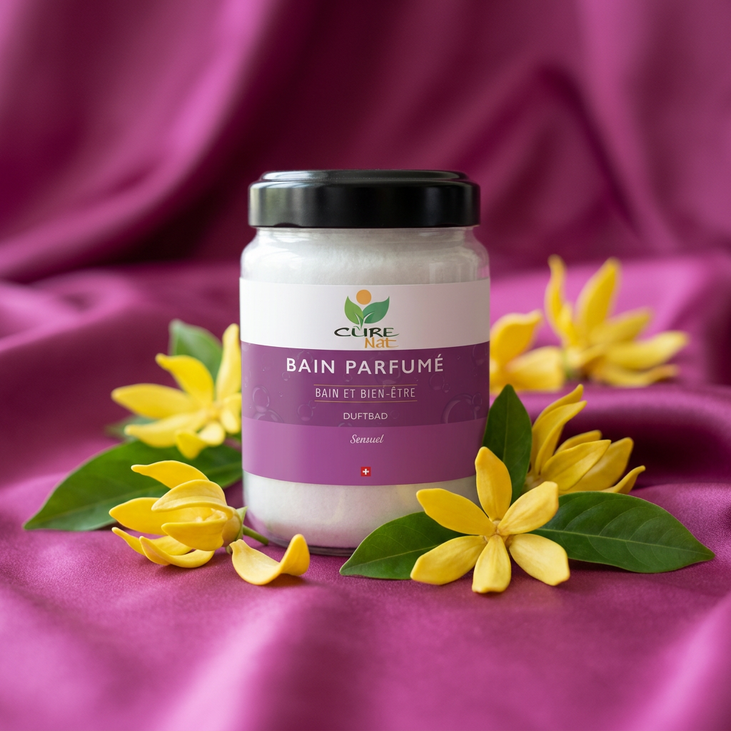 Pot de Bain Parfumé Sensuelle CureNat entouré de fleurs d'ylang-ylang et de cristaux de sel