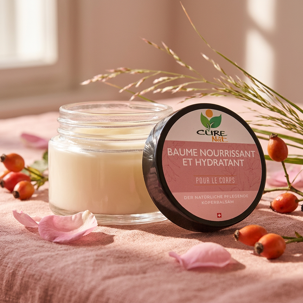Pot en verre de baume nourrissant CureNat sur lin crème avec palmarosa, coco, rose musquée et noix de karité