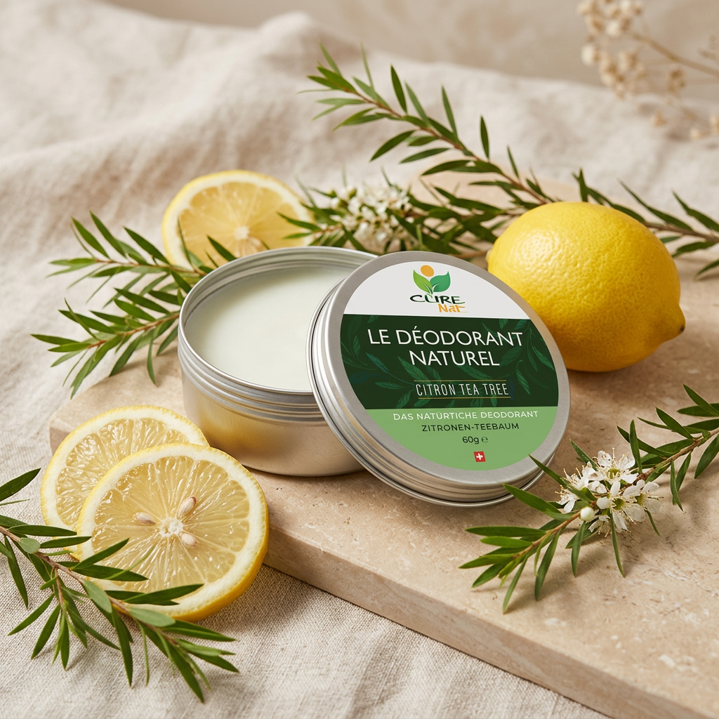 Déodorant naturel Tea Tree et Citron CureNat entouré de citrons et de romarin