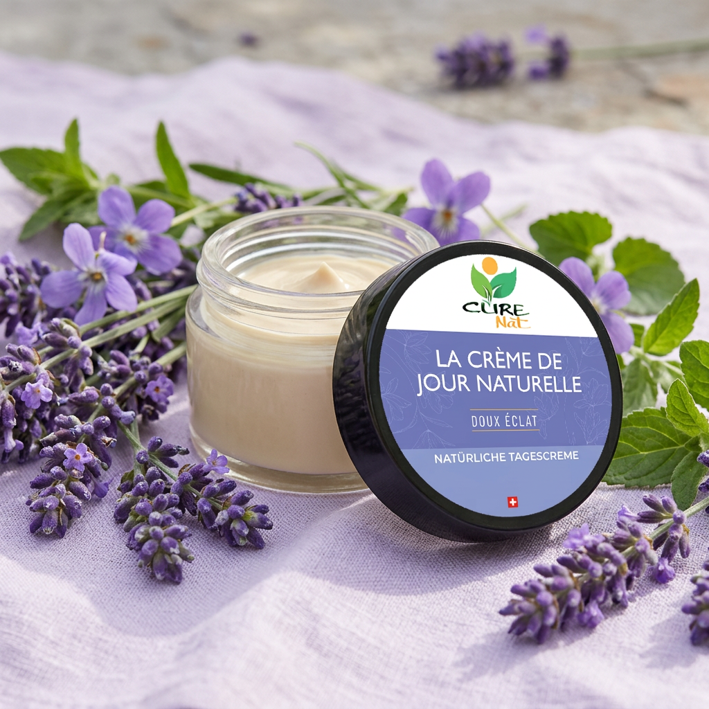 Pot en verre de crème de jour Doux Éclat CureNat sur lin lilas avec lavande et fleurs violettes