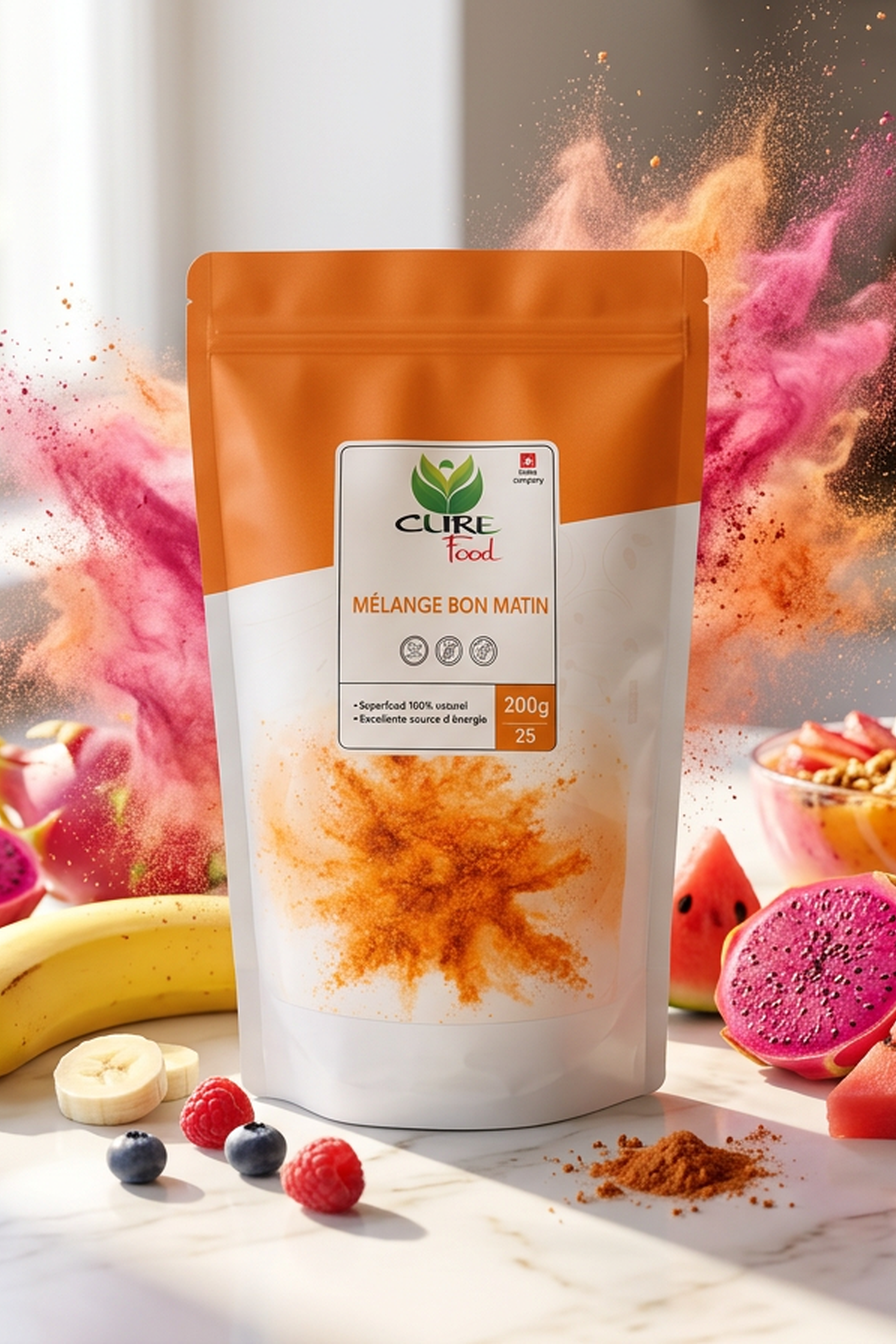 Sachet Mélange Bon Matin CureFood entouré de fruits
