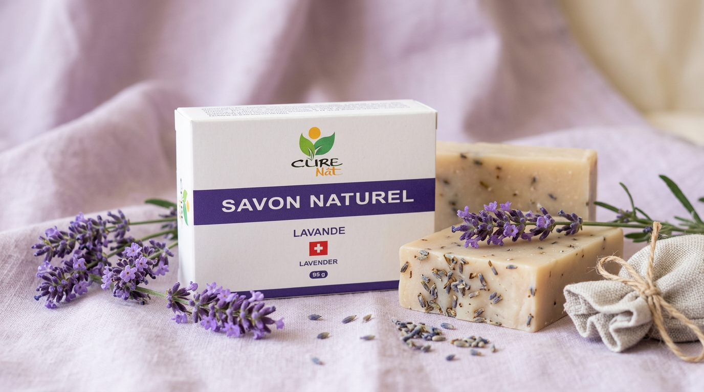 Savon naturel CureNat à la lavande avec sa boîte carton, barre artisanale beige aux fleurs de lavande, brins de lavande fraîche et sachet de toile sur lin lilas