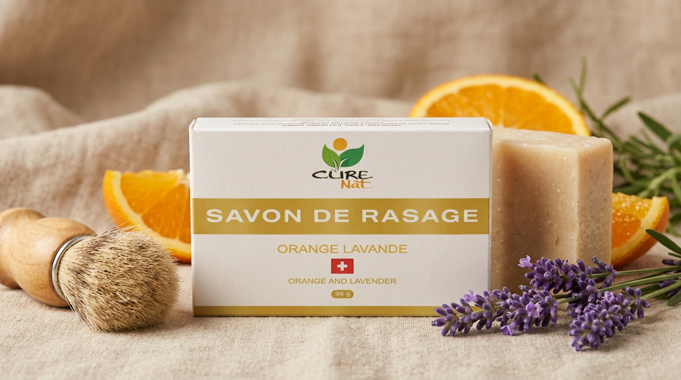 Savon de rasage CureNat orange et lavande avec sa boîte carton, sur lin crème, tranches d'orange et brins de lavande