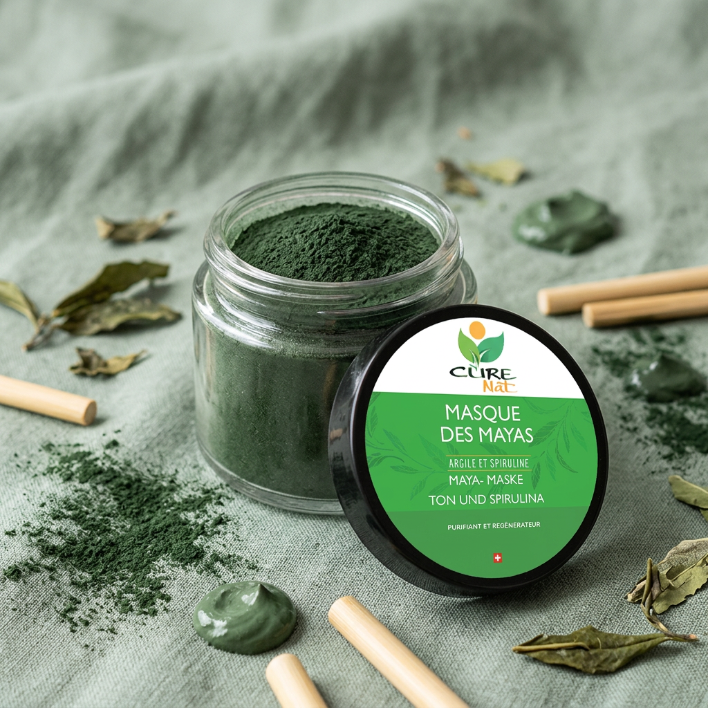 Pot de Masque des Mayas Spiruline CureNat sur lin sage avec spiruline et bambou